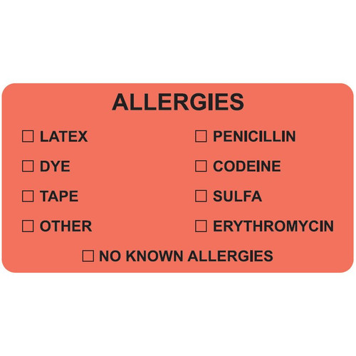 "Allergies - Latex, Dye, Tape, Other, Penicillin, Codeine, Sulfa, Erythromycin, No Know Allergies" Label  -  Fl. Red - 3-1/4" x 1-3/4" - 250/Box