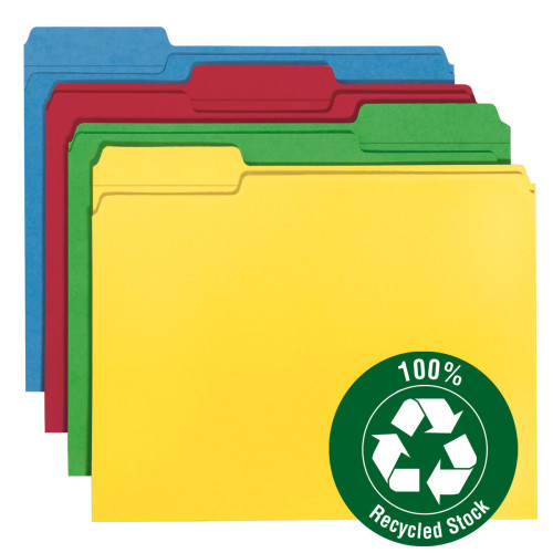 Smead 100% Recycled File Folder, Reinforced 1/3-Cut Tab, Letter Size, Assorted Colors, 100 per Box (12008)