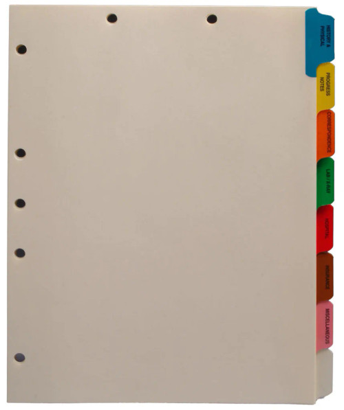 Stock Medical Chart Divider Sets -  8 Side Tabs with Pre-Printed Medical Tabs - 50 Sets/Box