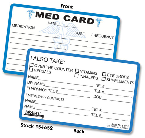 Tabbies 54652 - MEDICAL INFORMATION CARDS PRACTICE MARKETING/GIVEAWAYS, MED CARD, BLUE/WHITE, 2-1/8"H x 3-3/8"W, 100/Pack