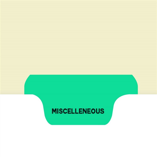 Ivory letter size end tab index divider with position 4 tab printed MISCELLANEOUS and mylared in light green. 125# manila stock, 100/Box Ivory letter size end tab index divider with position 4 tab printed MISCELLANEOUS and mylared in light green. 125# manila stock, 100/Box