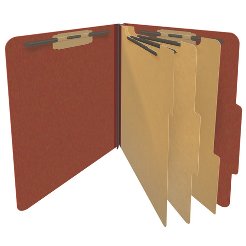 Red letter size top tab three divider classification folder with 3" russet brown tyvek expansion, with 2" bonded fasteners on inside front and inside back and 1" duo fastener on dividers. 25 pt type 3 pressboard stock covers. Packaged 10/50.