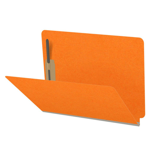 Orange letter size end tab classification folder with 2" gray tyvek expansion and 2" bonded fasteners on inside front and inside back. 18 pt. paper stock. Packaged 25/125.