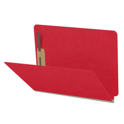 Red letter size end tab classification folder with 2" gray tyvek expansion and 2" bonded fasteners on inside front and inside back. 18 pt. paper stock. Packaged 25/125.