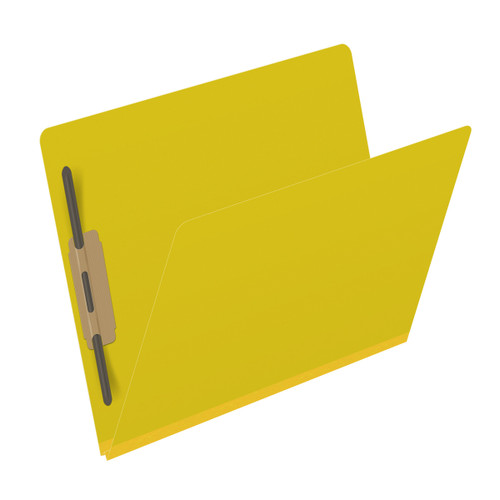 Yellow letter size end tab classification folder with 2" lemon yellow tyvek expansion and 2" bonded fasteners on inside front and inside back. 25 pt type 3 pressboard stock. Packaged 25/125.