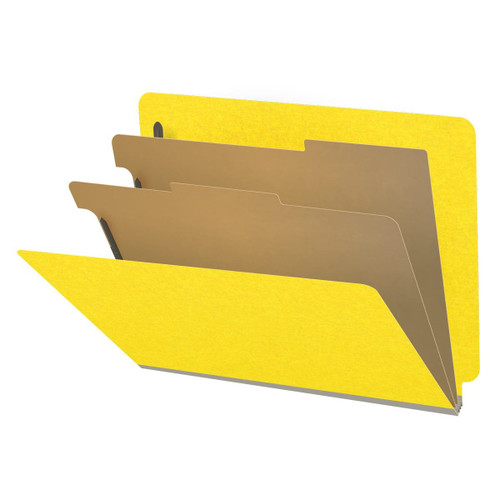 Yellow letter size end tab classification folder with 2" gray tyvek expansion, with 2" bonded fasteners on inside front and inside back and 1" duo fastener on dividers. 18 pt. paper stock and 17 pt brown kraft dividers. Packaged 10/50.
