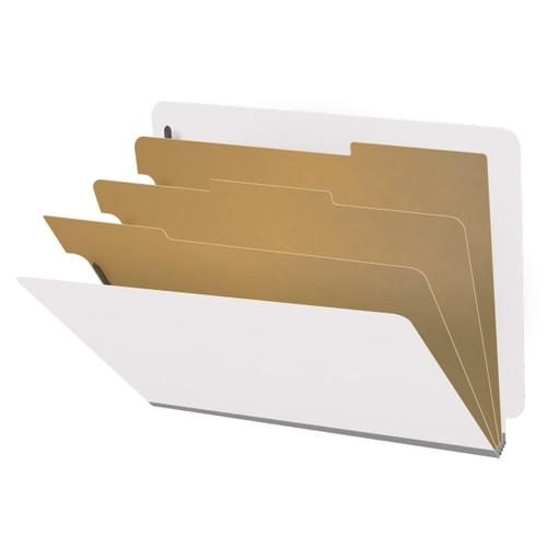 White letter size end tab classification folder with 3" gray tyvek expansion, with 2" bonded fasteners on inside front and inside back and 1" duo fastener on dividers. 18 pt. paper stock and 17 pt brown kraft dividers. Packaged 10/50.