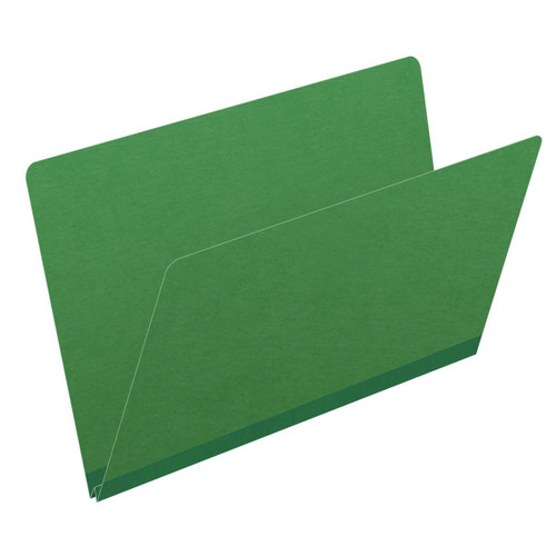 Moss green legal size end tab classification folder with 2" dark green tyvek expansion. 25 pt type 3 pressboard stock. Packaged 25/125