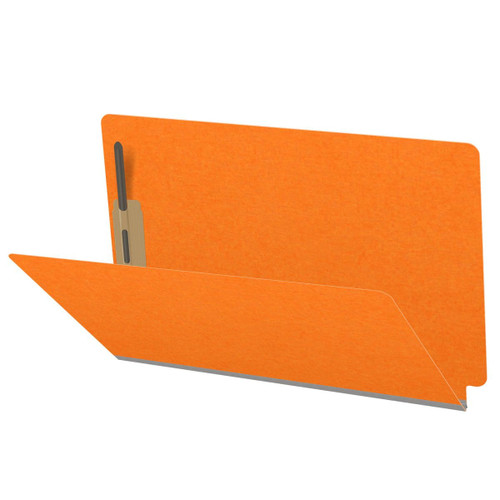 Orange legal size end tab classification folder with 2" gray tyvek expansion and 2" bonded fasteners on inside front and inside back. 18 pt. paper stock. Packaged 25/125.