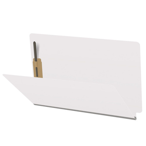 White legal size end tab classification folder with 2" gray tyvek expansion and 2" bonded fasteners on inside front and inside back. 18 pt. paper stock. Packaged 25/125.
