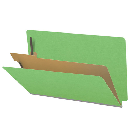 Green legal size end tab classification folder with 2" gray tyvek expansion, with 2" bonded fasteners on inside front and inside back and 1" duo fastener on divider. 18 pt. paper stock and 17 pt brown kraft dividers. Packaged 10/50.