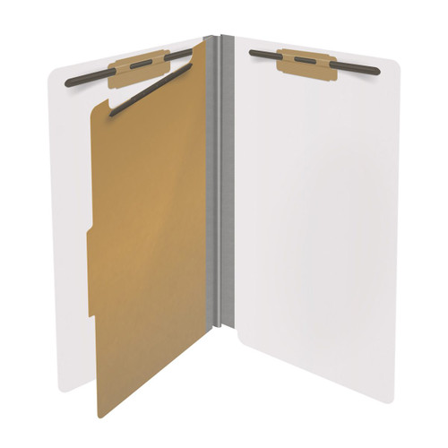 White legal size end tab classification folder with 2" gray tyvek expansion, with 2" bonded fasteners on inside front and inside back and 1" duo fastener on divider. 18 pt. paper stock and 17 pt brown kraft dividers. Packaged 10/50.