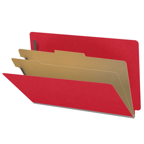 Red legal size end tab classification folder with 2" gray tyvek expansion, with 2" bonded fasteners on inside front and inside back and 1" duo fastener on dividers. 18 pt. paper stock and 17 pt brown kraft dividers. Packaged 10/50.