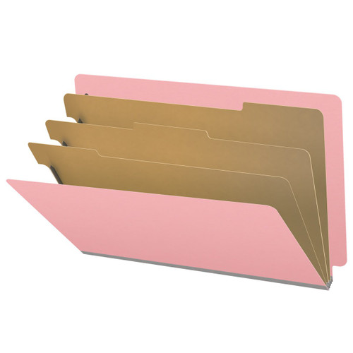 Pink legal size end tab classification folder with 3" gray tyvek expansion, with 2" bonded fasteners on inside front and inside back and 1" duo fastener on dividers. 18 pt. paper stock and 17 pt brown kraft dividers. Packaged 10/50.