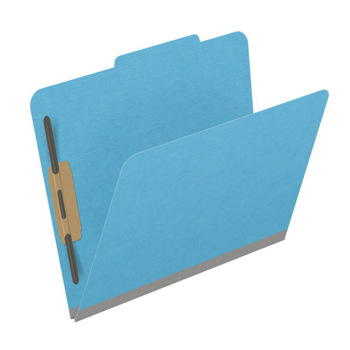 Blue letter size top tab classification folder with 2" gray tyvek expansion and 2" bonded fasteners on inside front and inside back. 18 pt. paper stock. Packaged 25/125.