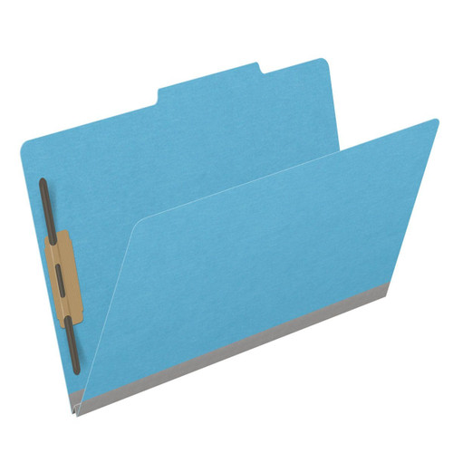 Blue legal size top tab classification folder with 2" gray tyvek expansion and 2" bonded fasteners on inside front and inside back. 18 pt. paper stock. Packaged 25/125.