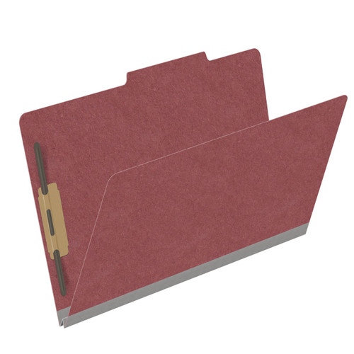 Dark red legal size top tab classification folder with 2" russet brown tyvek expansion and 2" bonded fasteners on inside front and inside back. 25 pt type 3 pressboard stock. Packaged 25/125.