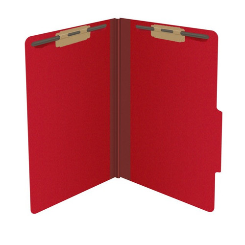 Deep red legal size top tab classification folder with 2" gray tyvek expansion and 2" bonded fasteners on inside front and inside back. 25 pt type 3 pressboard stock, 25/Box