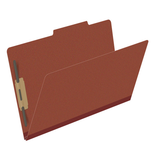 Red legal size top tab classification folder with 2" russet brown tyvek expansion and 2" bonded fasteners on inside front and inside back. 25 pt type 3 pressboard stock, 25/Box