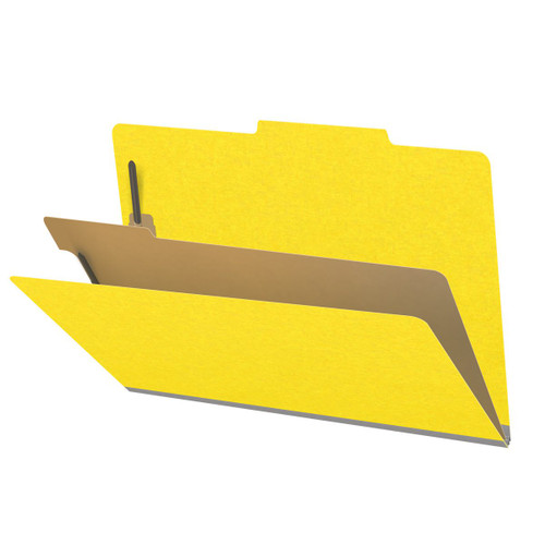 Yellow legal size top tab classification folder with 2" gray tyvek expansion, with 2" bonded fasteners on inside front and inside back and 1" duo fastener on divider. 18 pt. paper stock and 17 pt brown kraft dividers. Packaged 10/50.