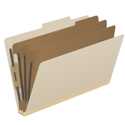 Manila legal size top tab three divider classification folder with 3" gray tyvek expansion, with 2" bonded fasteners on inside front and inside back and 1" duo fastener on dividers. 18 pt manila stock. Packaged 10/50.