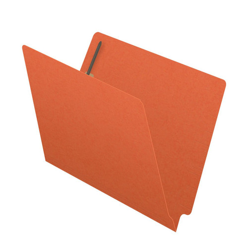 Orange letter size reinforced end tab folder with 2" bonded fastener on inside back. 11 pt orange stock. Packaged 50/250