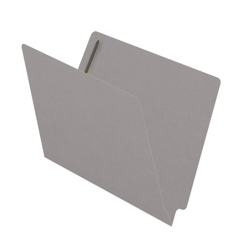 Gray letter size reinforced end tab folder with 2" bonded fastener on inside back. 14 pt gray stock. Packaged 50/250