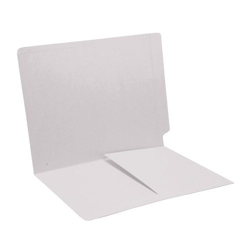 White letter size reinforced end tab folder with 1/2 pocket on inside front. 14 pt white stock. Packaged 50/250.