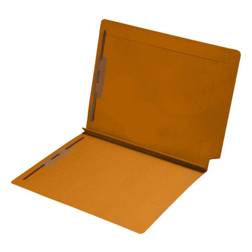 Goldenrod letter size reinforced top and end tab folder with 1 1/2" paper expansion and 2" bonded fasteners on inside front and back. 14 pt goldenrod stock. Packaged 50/250