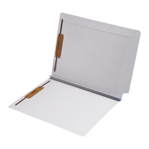 White letter size reinforced top and end tab folder with 1 1/2" paper expansion and 2" bonded fasteners on inside front and back. 14 pt white stock. Packaged 50/250