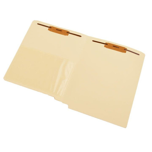 Manila letter size reinforced end tab folder with a poly pocket on inside front and 2" bonded fastener on inside front and back. 11 pt manila stock. Packaged 50/250