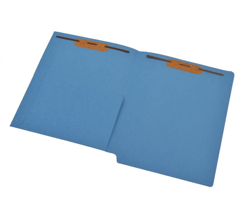Blue letter size reinforced end tab folder with 1/2 pocket on inside front and 2" bonded fastener on inside front and back. 11 pt blue stock. Packaged 50/250