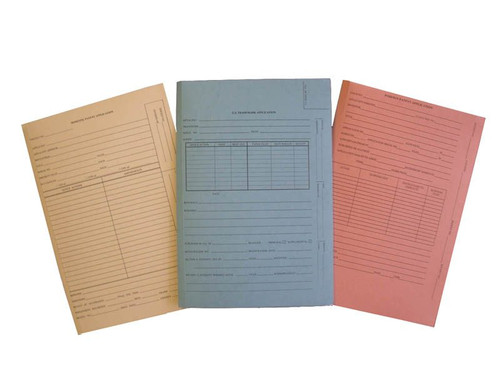 Orange legal size top tab patent & trademark folder printed for Foreign Patent Application, with 3 top flaps punched with holes and bottom apron on middle panel. 14 pt orange stock. Packaged 25/125