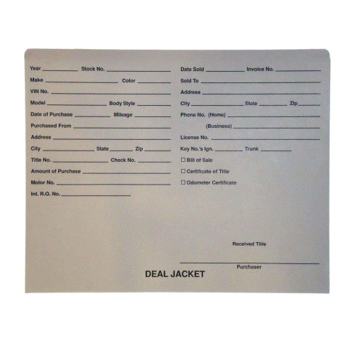 Gray letter size auto dealer jacket with front printed. 11 pt gray stock. Packaged 100/500