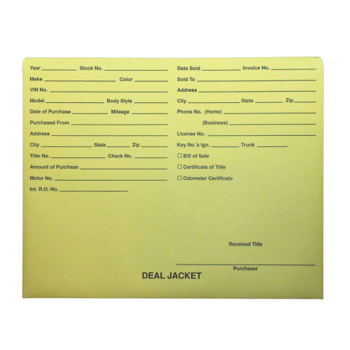 Yellow letter size auto dealer jacket with front printed. 11 pt yellow stock. Packaged 100/500