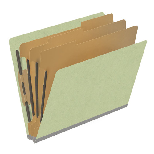 Peridot green letter size end tab three divider classification folder with 3" dark green tyvek expansion, with 2" bonded fasteners on inside front and inside back and 1" duo fastener on dividers - DV-S43-38-3PER