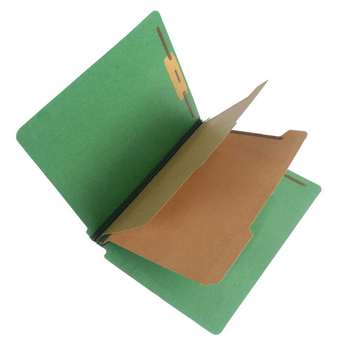 Moss green legal size end tab two divider classification folder with 2" moss green tyvek expansion, with 2" embedded fasteners on inside front and inside back and 1" duo fastener on dividers - S-61431