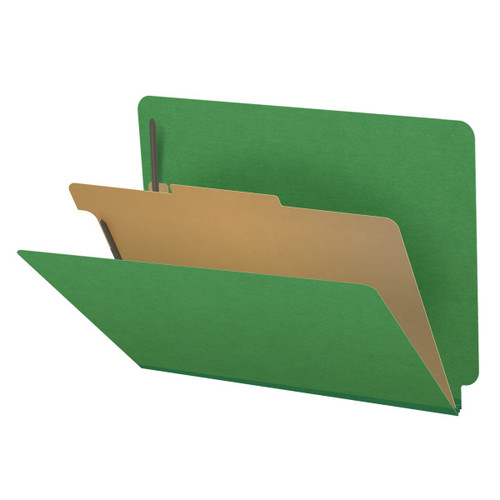 Moss green letter size end tab one divider classification folder with 2" dark green tyvek expansion, with 2" bonded fasteners on inside front and inside back and 1" duo fastener on divider - DV-S42-14-3MGN