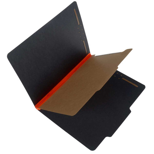 Black letter size top tab one divider classification folder with 2" orange tyvek expansion, with 2" embedded fasteners on inside front and inside back and 1" duo fastener on dividers - S-62613