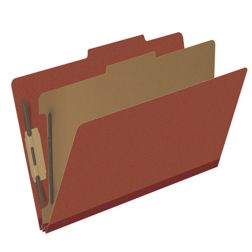 Red legal size top tab one divider classification folder with 2" russet brown tyvek expansion, with 2" bonded fasteners on inside front and inside back and 1" duo fastener on divider - DV-T52-14-3RED