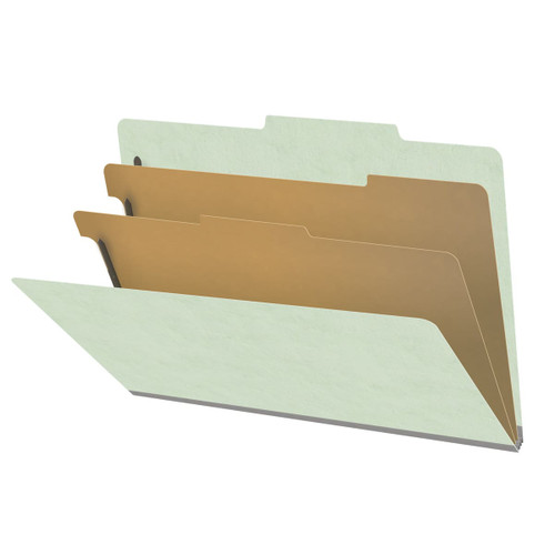 Pale green legal size top tab two divider classification folder with 2" gray tyvek expansion, with 2" bonded fasteners on inside front and inside back and 1" duo fastener on dividers - DV-T52-26-3PGN