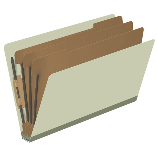Green legal size end tab three divider classification folder with 3" gray tyvek expansion, with 2" bonded fasteners on inside front and inside back and 1" duo fastener on dividers - DV-S53-38-3GRN
