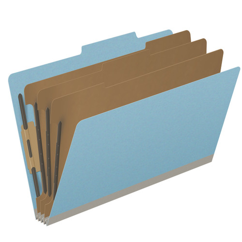 Blue legal size top tab three divider classification folder with 3" gray tyvek expansion, with 2" bonded fasteners on inside front and inside back and 1" duo fastener on dividers - DV-T53-38-3BLU