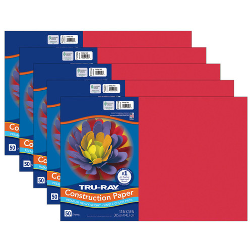 Construction Paper, Holiday Red, 12'' x 18'', 50 Sheets Per Pack, 5 Packs - PAC102994-5