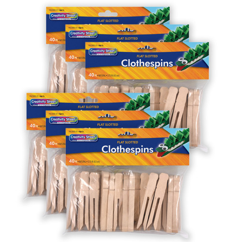 Flat Slotted Clothespins, Natural, 3.75'', 40 Per Pack, 6 Packs