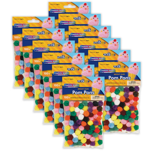Pom Pons, Bright Hues Assortment, 0.5'', 100 Pieces Per Pack, 12 Packs