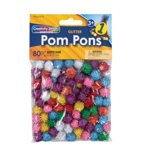 Glitter Pom Pons, Assorted Colors, 1/2'', 80 Pieces