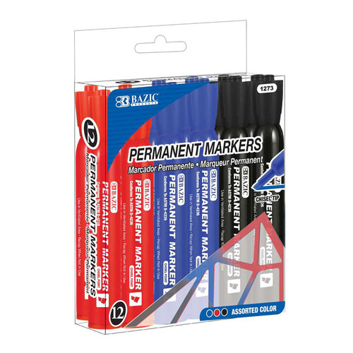 Permanent Markers, Desk Style, Chisel Tip, Assorted Colors, Box of 12