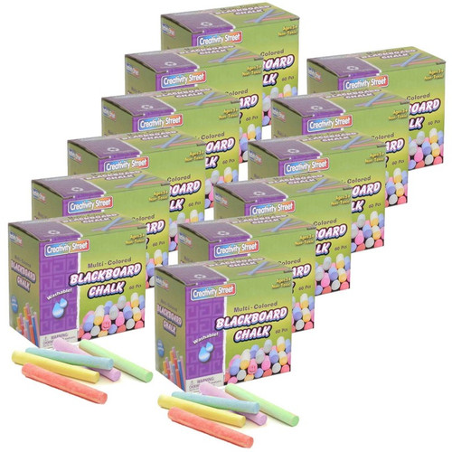 Blackboard Chalk, 5 Assorted Colors, 3/8'' x 3-1/4'', 60 Pieces Per Pack, 12 Packs Blackboard Chalk, 5 Assorted Colors, 3/8'' x 3-1/4'', 60 Pieces Per Pack, 12 Packs