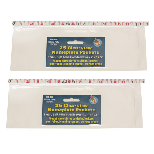 Clear View Self-Adhesive Small Name Plate Pocket, 4-1/4'' x 12-1/2'', 25 Per Pack, 2 Packs